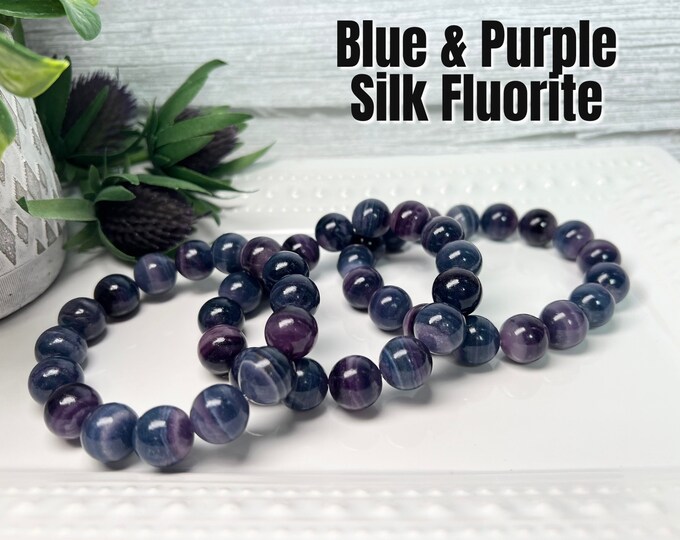 Purple and Blue Silk Fluorite Bracelet, Deep Purple Blue Fluorite Bracelet, Silk Fluorite Bracelet, Large Beads, 13mm Round Beads
