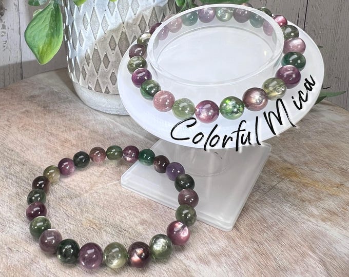 High Quality Colorful Mica Bracelet - Each Bead with Flashy Mica, Purple Green Yellow Pink Mica, 8mm Round Beads (3)