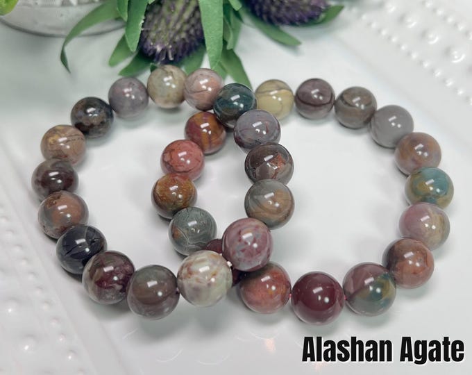 Alashan Agate Bracelet, Oil Painting Alashan Agate, Stretchy Bracelet, Crystal Bracelet, 12mm  Round Beads