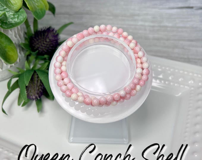Pink Queen Conch Shell Wrap Bracelet or 22" Necklace, Queen Shell, Queen Conch Shell Bracelet, Elastic String, 5mm Round Beads