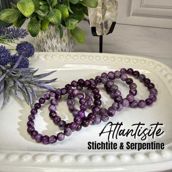 Atlantisite, Stichtite with Serpentine Bracelet, Purple Crystal Bracelet, 8-9mm or 9-10mm or 10-11mm Round Beads