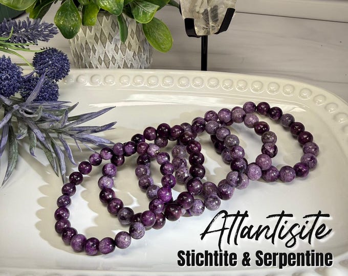Atlantisite, Stichtite with Serpentine Bracelet, Purple Crystal Bracelet, 8-9mm or 9-10mm or 10-11mm Round Beads