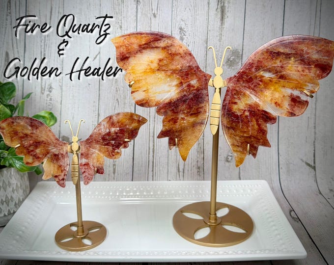 Beautiful Fire Quartz and Golden Healer Butterfly Wings, Hand Carved Crystal Butterfly Wings, Custom Metal Stand