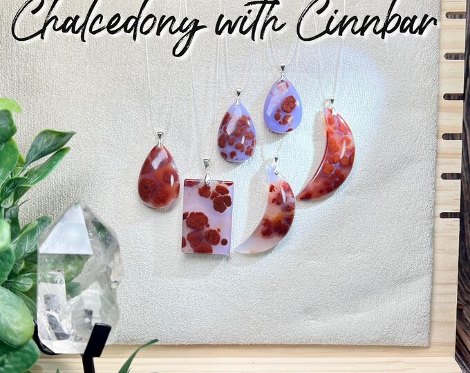 Chalcedony with Cinnabar Pendant, Cinnabar in Chalcedony, Chalcedony Crystal with Cinnabar Inclusions, Chalcedony Jewelry, 925 Silver Clasp