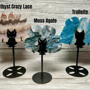 Nine-Tailed Fox Crystal Carving, Amethyst Crazy Lace, Moss Agate, Trolleite, Custom Metal Stand