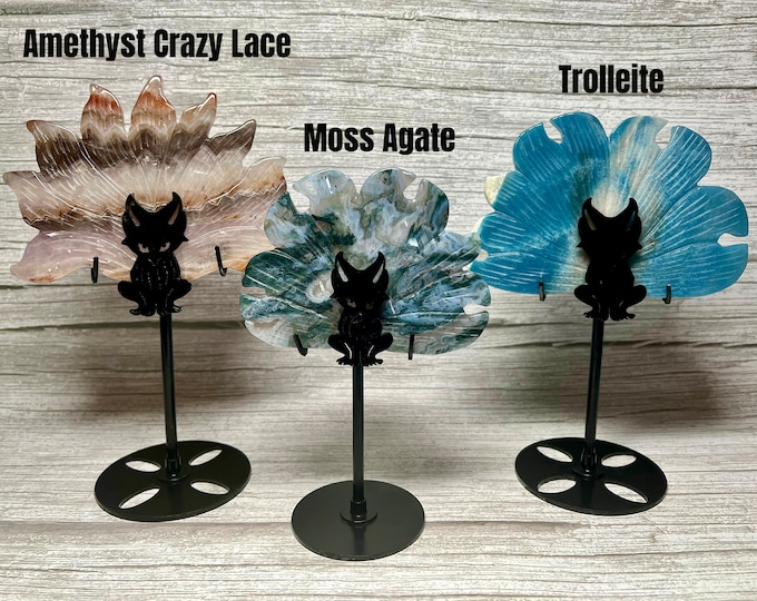 Nine-Tailed Fox Crystal Carving, Amethyst Crazy Lace, Moss Agate, Trolleite, Custom Metal Stand