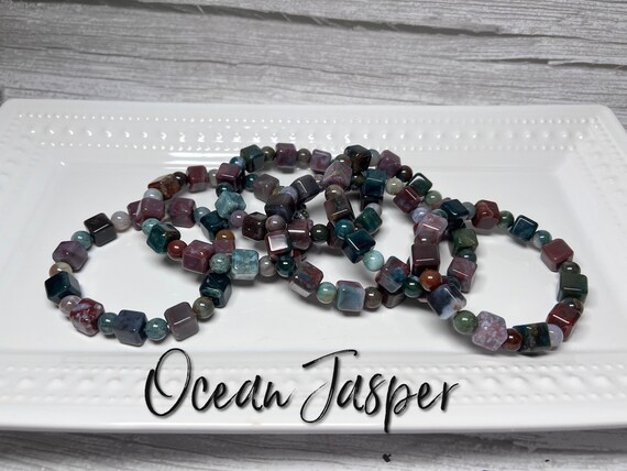 Ocean Jasper Cube Bracelet, Ocean Jasper, OJ Bracelet, Ocean Jasper Crystal Bracelet, Cube Beads, Round Beads