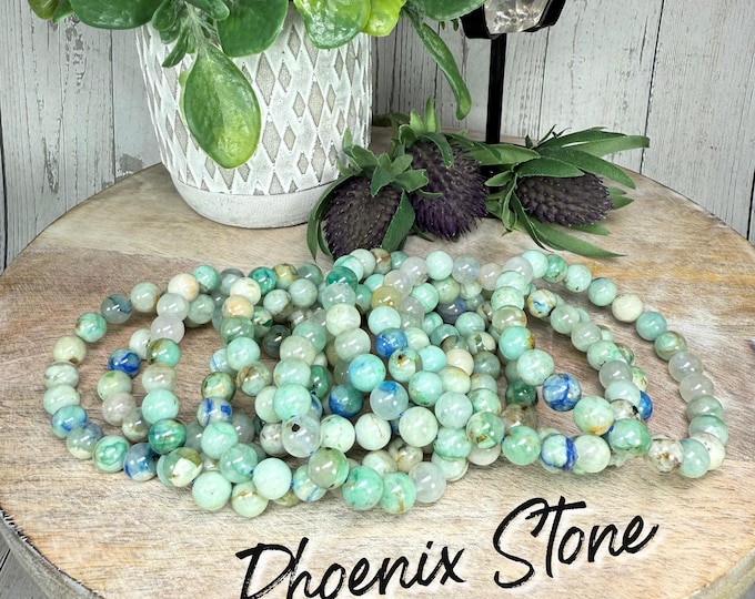 Ajoite Bracelet, Phoenix Stone Bracelet, Phoenix Pine Fynchenite, Blend of Chrysocolla and Malachite and Turquoise, 8mm Round Beads
