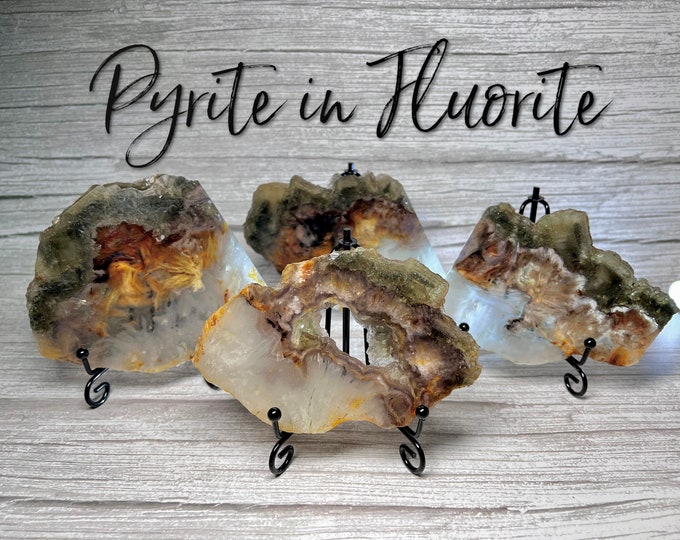 Pyrite in Fluorite Slab, Rutilated Fluorite with Pyrite, Galaxy Fluorite, Pyrite in Fluorite Crystal - Metal Stand Included