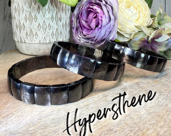 Hypersthene Bracelet, Hypersthene Soft Bangle Bracelet, Hypersthene Crystal, Shimmering Silver Sheen, Elastic & Stretchy, Grounding Energy
