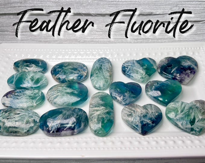 Feather Fluorite Palm Stone or Heart, Green Blue Purple Feather Fluorite Palm Stone or Heart, Fluorite Crystal Palm Stone or Heart (2)