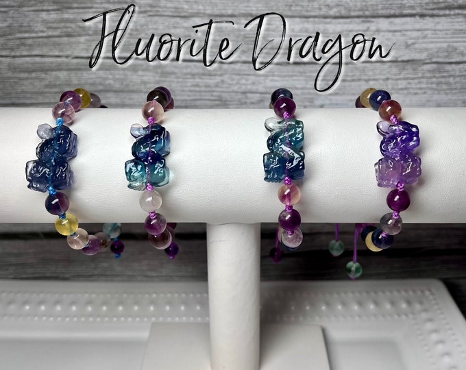 Rainbow Fluorite Dragon Bracelet, Fluorite 8-9mm Round Beads, Adjustable Cord Bracelet