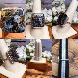 May include: A silver ring featuring a square-shaped blue and brown tiger's eye gemstone. The ring size is measured using a ring sizer.