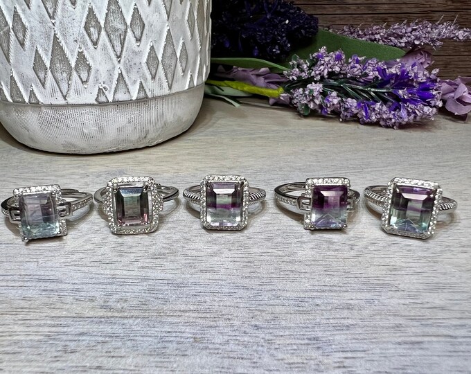 Rainbow Fluorite Ring, Rainbow Fluorite Crystal Ring, Zirconia, 925 Sterling Silver Adjustable Ring Setting - You Choose!