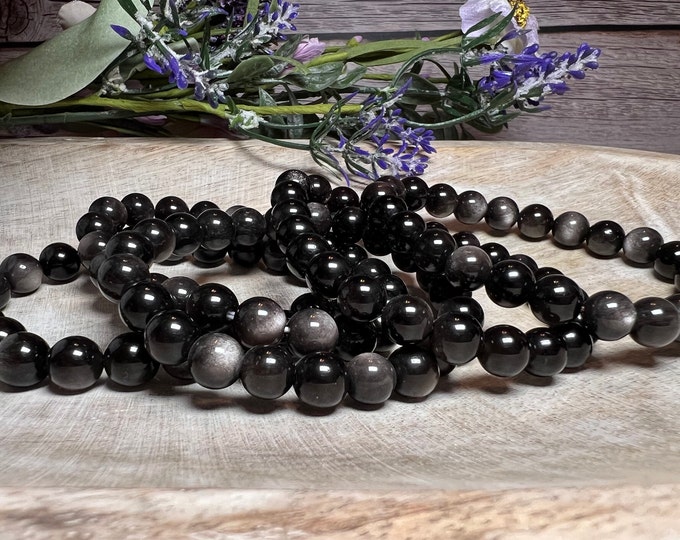 Silver Obsidian Bracelet, Silver Sheen Obsidian, Flashy Crystal Bracelet, 8mm, Round Beads