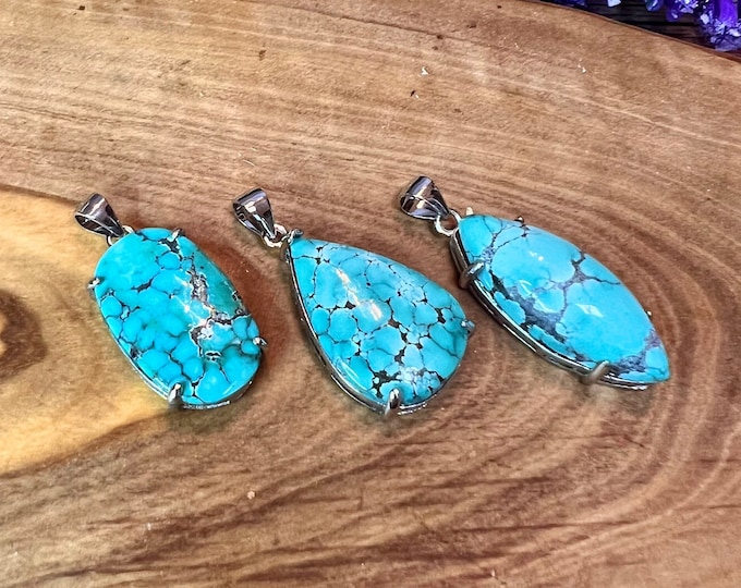 Hubei Turquoise Pendant, Hubei Turquoise, Polished, Handmade Jewelry, 925 Sterling Silver