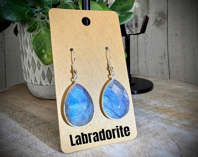 Labradorite Earrings, Facet Labradorite Tear Drop Earrings, Labradorite Jewelry, 925 Silver Earring Setting