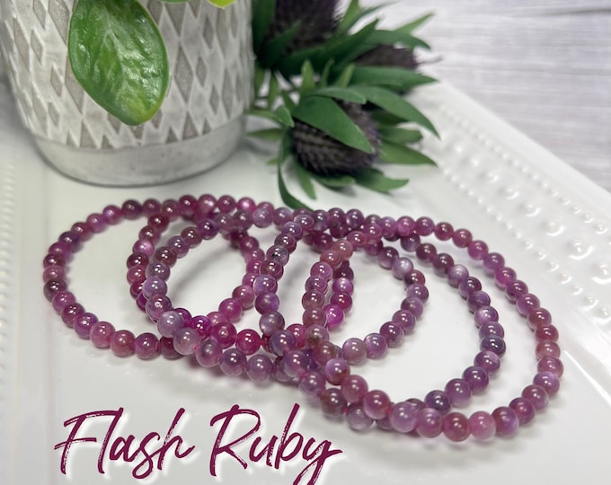 Flash Ruby Bracelet, Purple Ruby Crystal Bracelet, 5-6mm Round Bead, UV Reactive