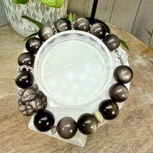 Silver Obsidian Nine-Tailed Fox + Clear Quartz Crystal Bracelet, DIY Crystal Bracelet, White Copper Accent Beads (LLB33)