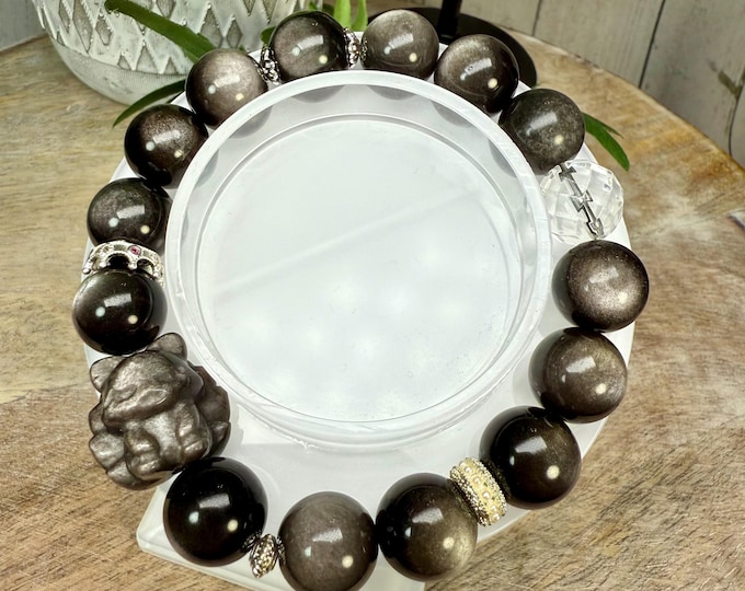 Silver Obsidian Nine-Tailed Fox + Clear Quartz Crystal Bracelet, DIY Crystal Bracelet, White Copper Accent Beads (LLB33)