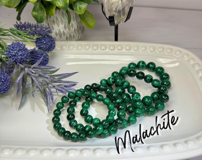 Malachite, Malachite Bracelet 9-10mm or 10-11mm or 11-12mm or 13-14mm Round Beads - 100% Natural Malachite - Solar Chakra
