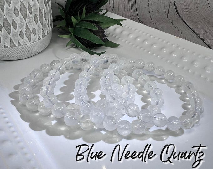 Blue Needle Quartz Bracelet, Blue Angel Wing Quartz Bracelet, Blue Phantom Quartz, 8-9 or 9-10mm Round Beads