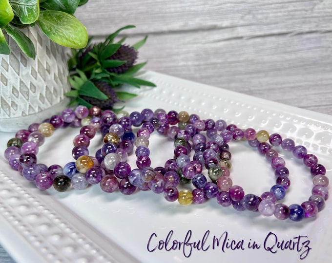 Colorful Mica in Quartz Bracelet, Colorful Emerald Quartz, Purple Green Yellow Pink Mica in Quartz, 8-9mm 9-10mm 10-11mm Round Beads