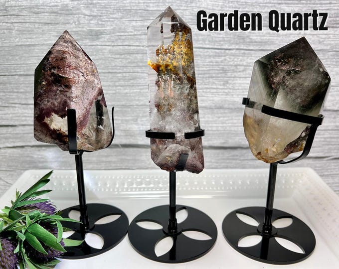 Garden Quartz Freeform with Metal Stand, Lodolite Freeform on Stand, Inclusion Quartz