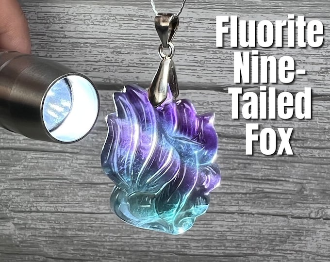 Fluorite Nine-Tailed Fox Pendant, Fluorite Fox Pendant, Fluorite Crystal Pendant, 925 Silver Clasp