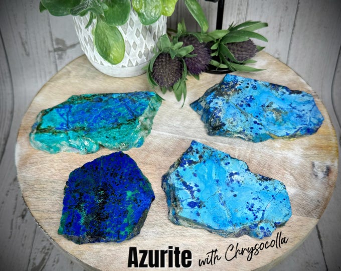 Azurite with Chrysocolla Slab, Stone of Heaven, Helps Release Stress & Anxiety, Promotes Clarity and Inner Peace, Third Eye Chakra (Set#2)