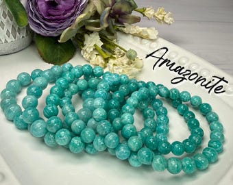 Natural Amazonite Bracelet, 8-9mm or 9-10mm or 10-11mm or 12mm Round Bead Bracelet - Stone of Success and Abundance