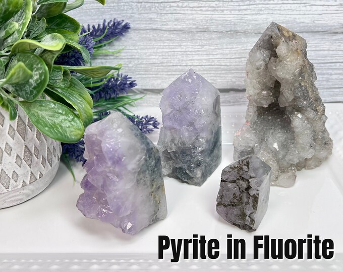 Pyrite in Fluorite Raw Edge Tower, UV Reactive Pyrite in Fluorite, Fluorite with Pyrite Tower, UV Reactive