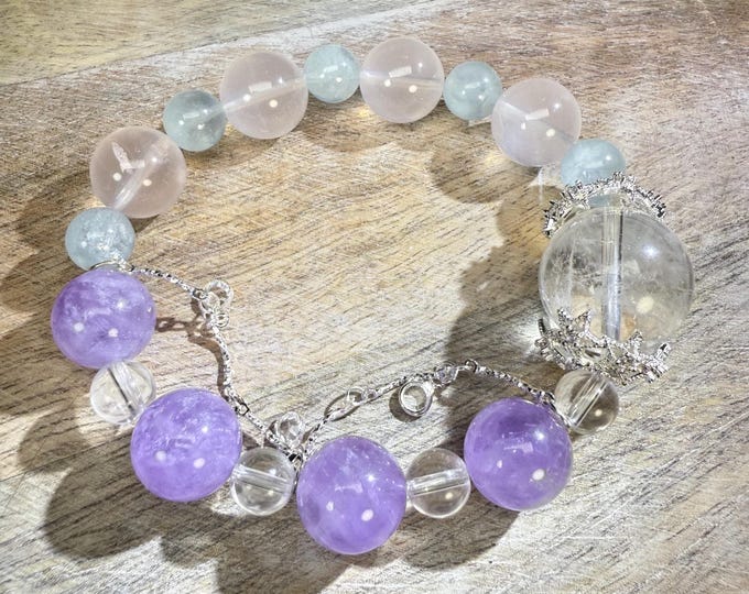 Lavender Amethyst + Aquamarine + Star Rose Quartz + Clear Quartz Crystal Bracelet, DIY Crystal Bracelet, Copper Accent Chain & Beads (LLB29)