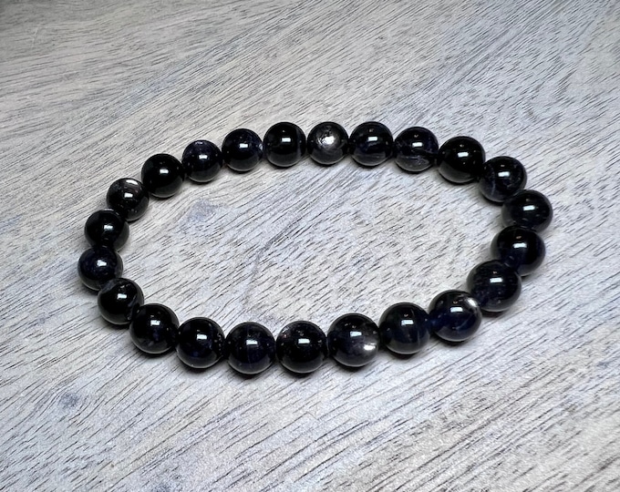 Iolite Bracelet, Flash Iolite, 8mm Round Beads, Deep Blue Purple Iolite, Flashy Starlight Iolite