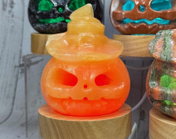 Jack-O-Lantern Pumpkin Light Cap with Color Changing Light, Night Light, Accent Lighting, Wooden USB Light Base, Halloween Crystal Pumpkin
