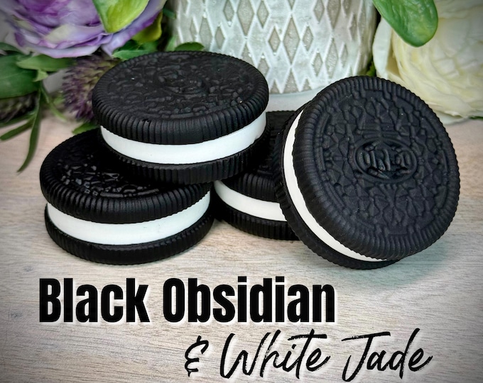Black Obsidian and White Jade OREO carving, OREO Black Obsidian Carving, White Jade with Black Obsidian