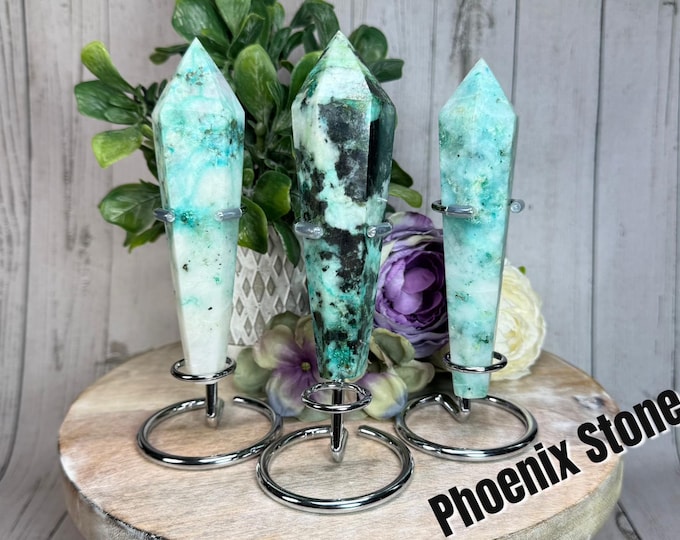 Phoenix Stone Wands with Stand, Ajoite, Phoenix Pine Fynchenite, Blend of Chrysocolla and Malachite and Turquoise