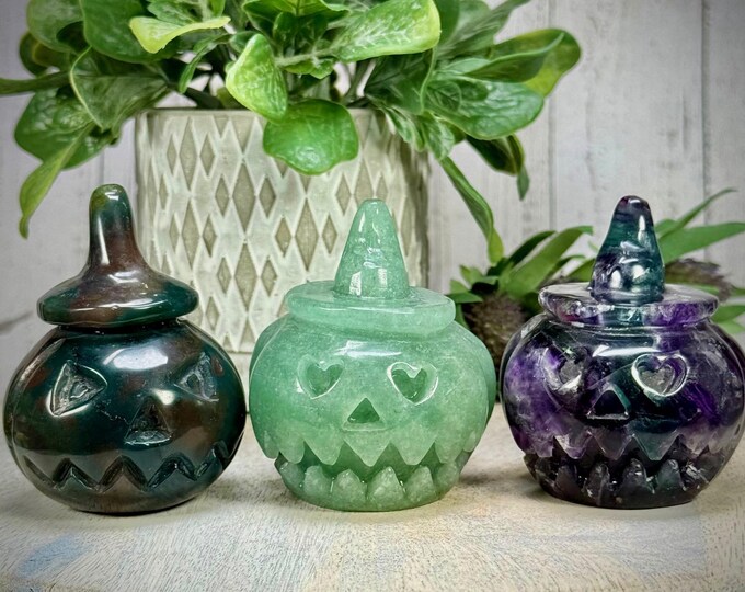 Crystal Pumpkin Carving, Pumpkin Crystal Carving, Crystal Jack O Lantern Carving, Ocean Jasper - Green Aventurine - Fluorite