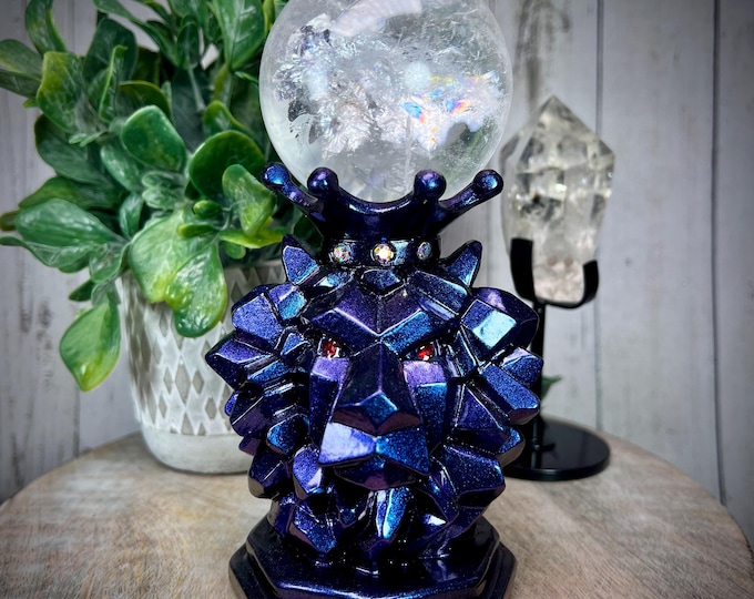 Lion Sphere Stand, Iridescent Blue/Purple Lion Head Sphere Stand, Lion Sphere Holder, Sphere Holder, Crystal Sphere Stand