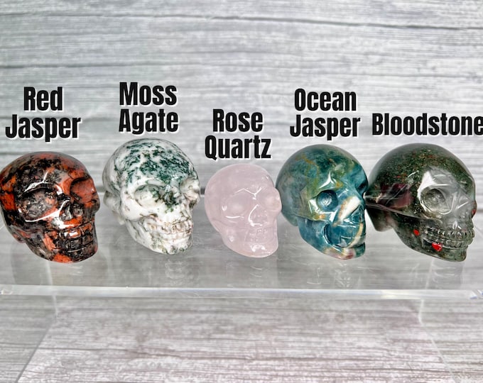Small Crystal Skull Carving, Red Jasper Skull, Moss Agate Skull, Rose Quartz Skull, Ocean Jasper Skull, Bloodstone Skull