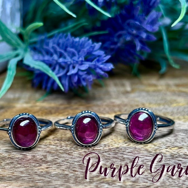 Purple Garnet Ring, Purple Garnet Crystal Gemstone Ring, 925 Silver Ring Setting, Adjustable Band, Natural Gemstone