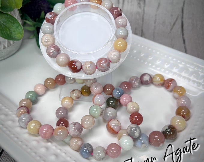 Colorful Flower Agate Bracelet, Flower Agate, Cherry Blossom, Sakura, Round Bead, Stretchy Bracelet, 10-11mm or 11-12mm Round Beads