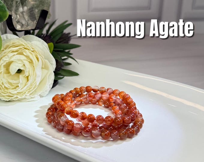 Nanhong Agate Wrap Bracelet or 29" Necklace, South Red Agate, Elastic String, 7mm Round Beads