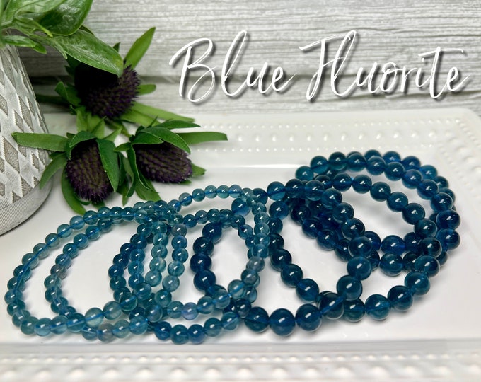 Blue Fluorite Bracelet, Clear Blue Fluorite, Blue Crystal Bracelet, 6-7mm Round Beads, 9-10mm Round Beads