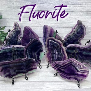 May include: A collection of eight purple and green fluorite crystal slices on black metal stands. The crystals are arranged in a cluster and the word "Fluorite" is written in large, white letters above them.