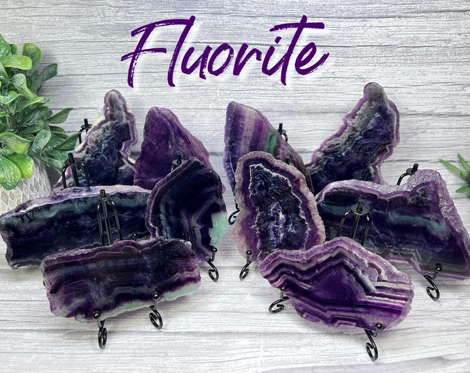 Purple Fluorite Slab, Purple Rainbow Fluorite Slab - FREE Metal Stand