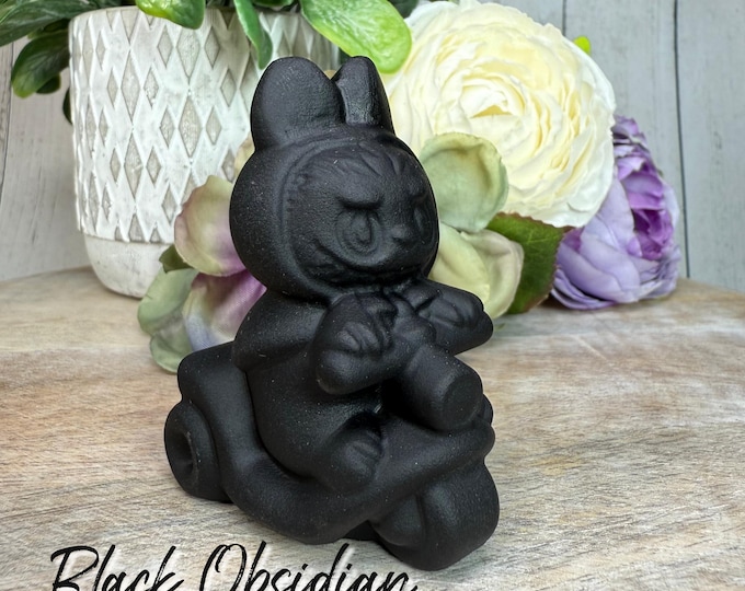 Black Obsidian Labubu on Scooter Carving, Crystal Labubu Carving, The Monsters Labubu Figurine