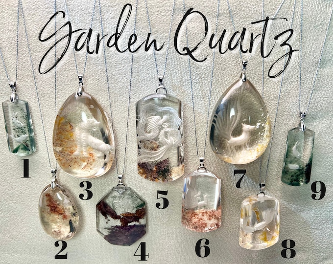 Very Unique Garden Quartz Carving Pendant with 925 Silver Clasp, Fox - Dolphins - Tiger - Dragon - Phoenix - Fish