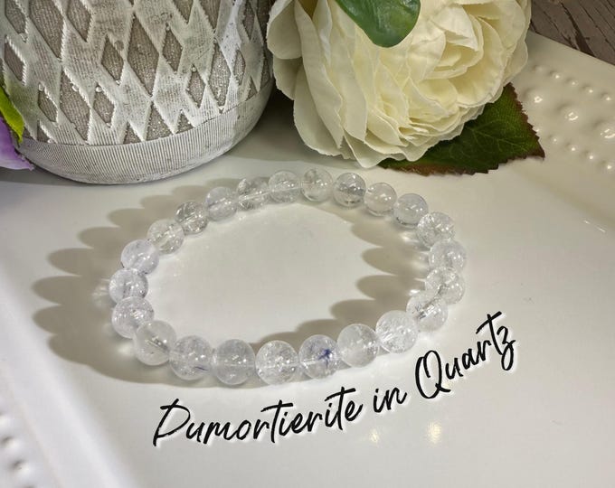 Dumortierite in Quartz Bracelet, Blue Needle Rutilated Quartz, Quartz Bracelet with Dumortierite Inclusions