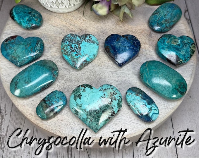 Chrysocolla Palm Stone, Chrysocolla Heart Carving, Chrysocolla with Azurite